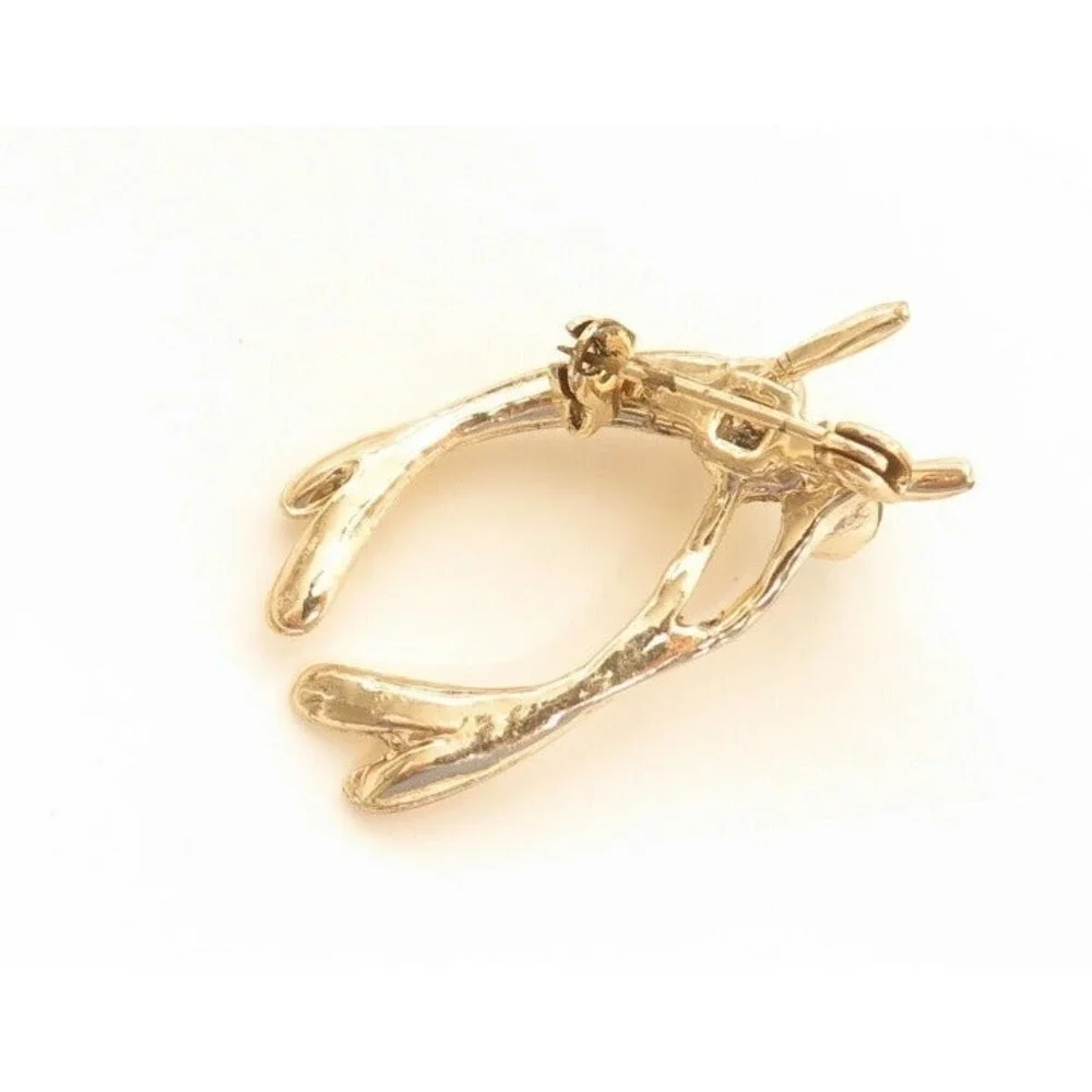 Vintage Small‎ Green Rhinestone Faux Pearl Gold Tone Wishbone Pin Brooch